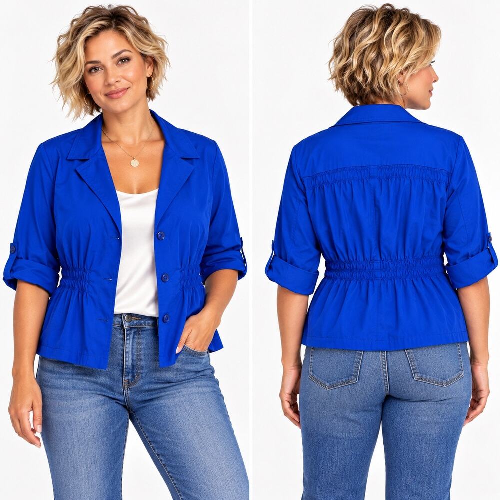 Joan Rivers Cinched Waist Utility Jacket Royal Blue Sz1X Contemporary Safari